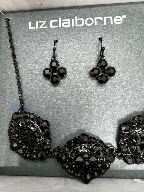 VTG Liz Claiborne Black Statement Necklace & Earrings Set Gunmetal Crystal - Picture 4 of 8